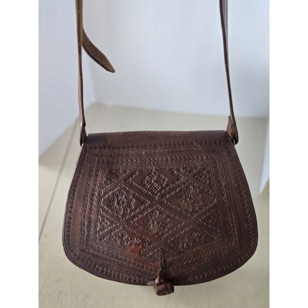 Tooled Leather Adj Crossbody Bag Handbag Purse Hippie Western Embossed Brown